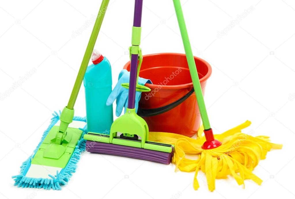 Mops, plastic bucket and rubber gloves, isolated on white