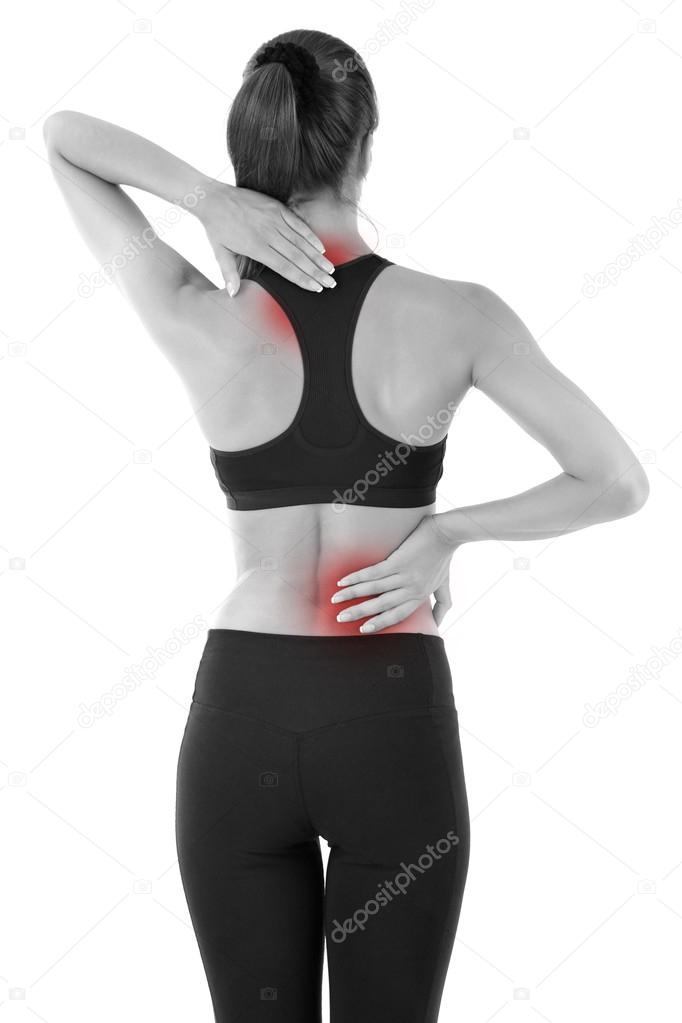 Back pain in young girl isolated on white