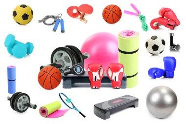 spor ekipmanları kolaj üzerinde beyaz izole