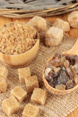Different types of sugar on table close-up