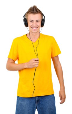 yakışıklı genç adam beyaz izole müzik dinlemek