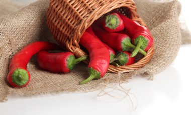 hasır sepet, çul, üzerinde beyaz izole üzerinde kırmızı sıcak biber