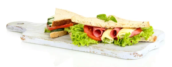 Tasty sandwiches with salami sausage and vegetables on cutting board, isolated on white — Stock Photo, Image