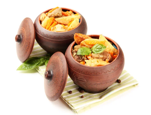 Homemade beef stir fry with vegetables in pots isolated on white — Stock Photo, Image