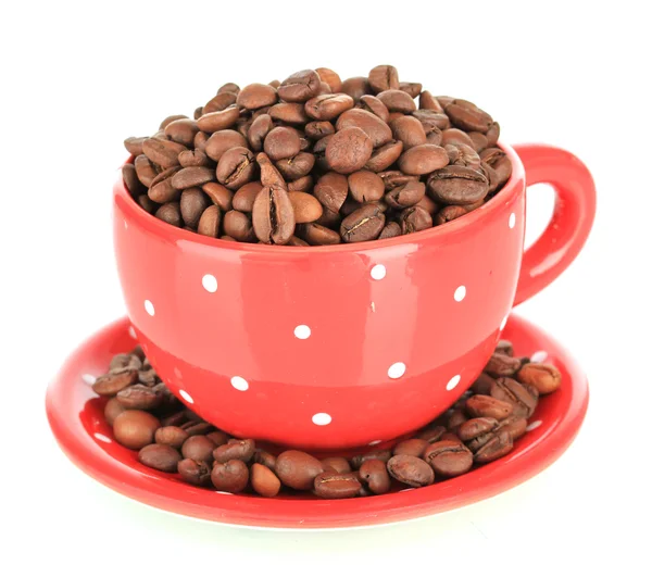 Granos de café en taza aislados en blanco —  Fotos de Stock