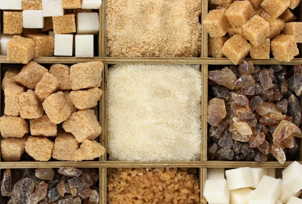 Diferentes tipos de azúcar en primer plano caja de madera — Foto de Stock
