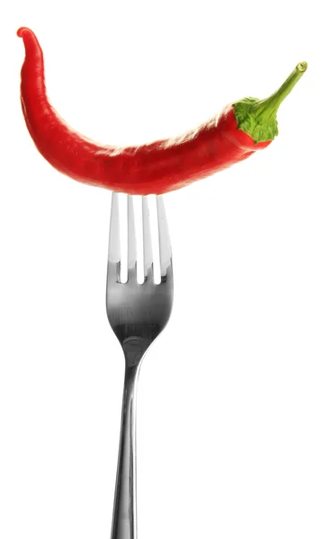 Red hot chili pepper on fork, isolated on white — Stockfoto