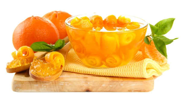 Orange jam with zest and tangerines on wooden desk, isolated on white — Stock Photo, Image