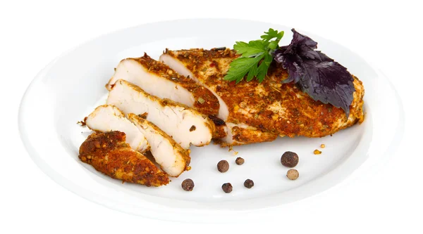 Rostad kycklingfiléer på vit platta, isolerad på vit烤的鸡扒上白板、 白底隔离 — Stockfoto