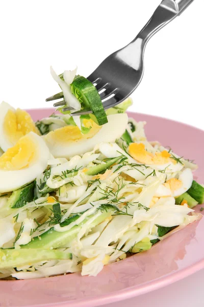 Woman hand with fork and tasty salad, isolated on white — Stock Photo, Image