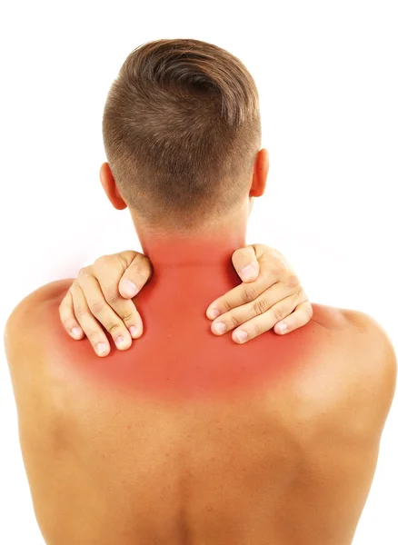 Hombre joven con dolor de cuello, aislado en blanco — Foto de Stock