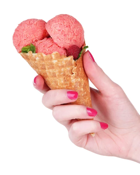 Hand holding ice cream in waffle cone isolated on white — Stock Photo, Image