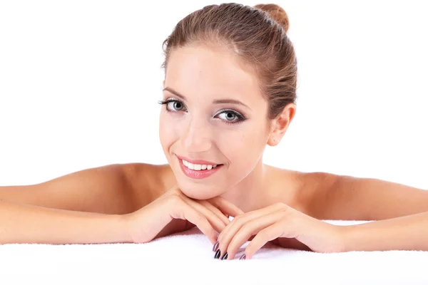 Hermosa chica con la piel brillante primer plano aislado en blanco — Foto de Stock