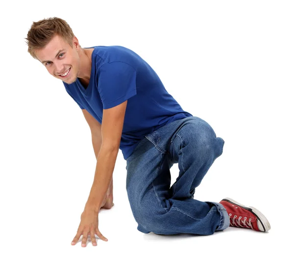 Handsome young man dancing isolated on white — Stock Photo, Image