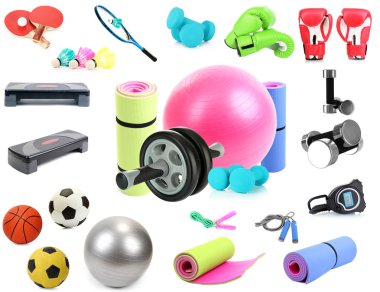 spor ekipmanları kolaj üzerinde beyaz izole