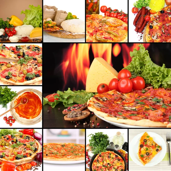 Collage of delicious pizza with ingredients — Stock Photo, Image