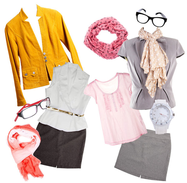 Коллаж современной одежды и аксессуаров изолирован на белом
