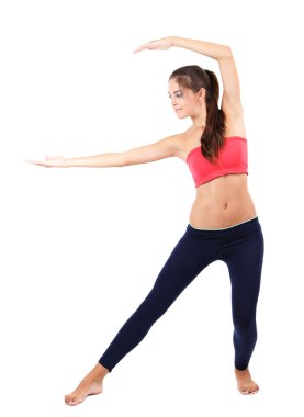 genç güzel fitness kız beyaz izole yoga egzersiz yaparak