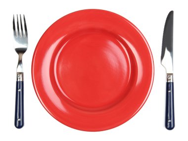 bıçak, renkli plaka ve üzerinde beyaz izole çatal