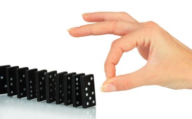 Domino üzerinde beyaz izole iterek el