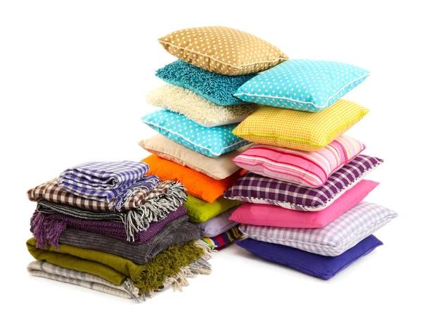 Hills colorful pillows and plaids isolated on white — Stock Photo, Image