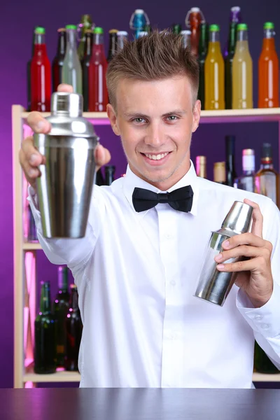 Porträtt av stilig bartender med två shakers, på bar — Stockfoto
