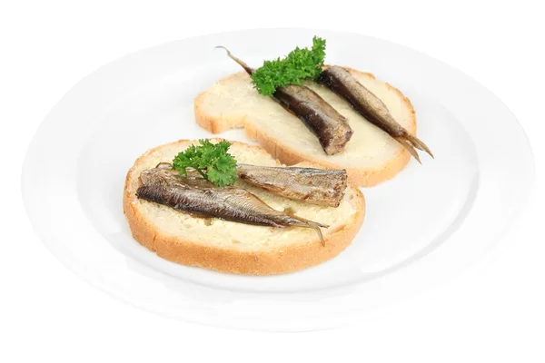 Tasty sandwiches with sardines, isolated on white — Stock Photo, Image