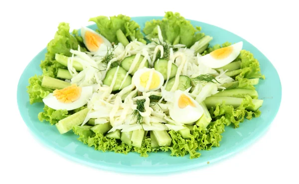 Delicious salad with eggs, cabbage and cucumbers, isolated on white — Stock Photo, Image