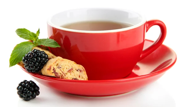 Tasse Tee mit Keksen und Brombeere isoliert auf weiß — Stockfoto