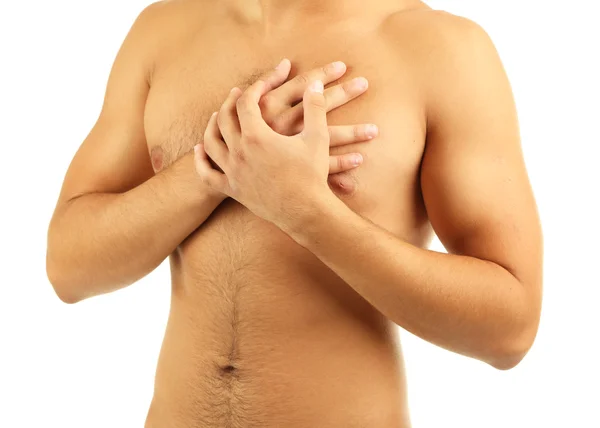 Молодий чоловік з болем у грудях ізольований на білому — стокове фото