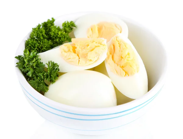 Boiled eggs in bowl isolated on white — Stock Photo, Image