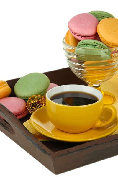 Coffee and macaroons on tray isolated on white — Stock Photo, Image