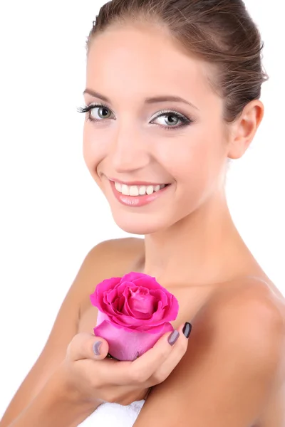 Beautiful girl with rose close-up isolated on white — Stock Photo, Image