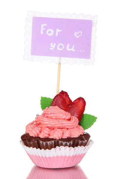 Mooie aardbei cupcake met briefkaart geïsoleerd op wit — Stockfoto