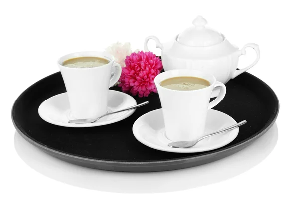 Koppar kaffe på bricka isolerad på vit — Stockfoto