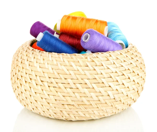 Wicker basket with accessories for needlework isolated on white — Stock Photo, Image