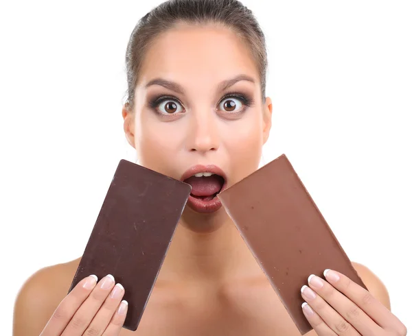 Retrato de menina bonita com chocolate isolado em branco — Fotografia de Stock