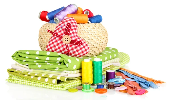 Wicker basket with accessories for needlework isolated on white — Stock Photo, Image