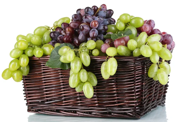 Ripe green and purple grapes in basket isolated on white — Stock Photo, Image