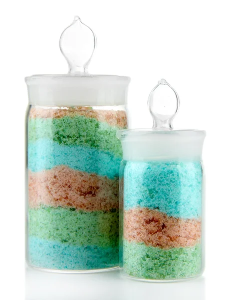 Sais aromáticos em frascos de vidro, isolados sobre branco — Fotografia de Stock
