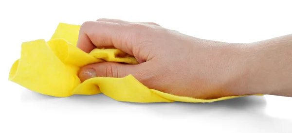 Hand wiping surface with yellow rag isolated on white — Stock Photo, Image