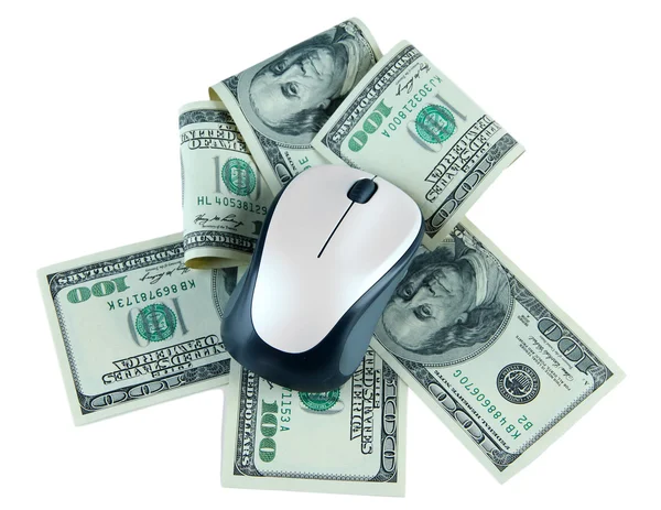 Computer mouse on dollars isolated on white — Stock Photo, Image