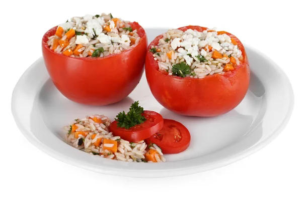 Stuffed tomatoes on plate isolated on white — Stock Photo, Image