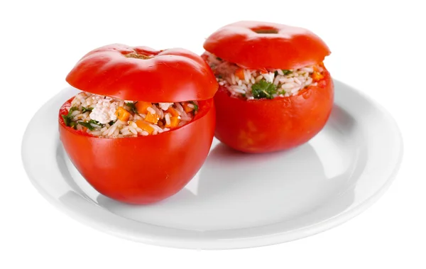 Fyllda tomater på plattan isolerad på vit — Stockfoto