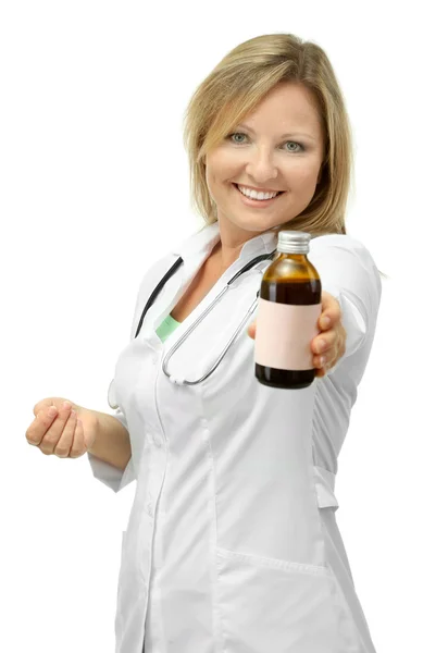 Young beautiful doctor with stethoscope holding bottle of medicament, isolated on white Stock Photo