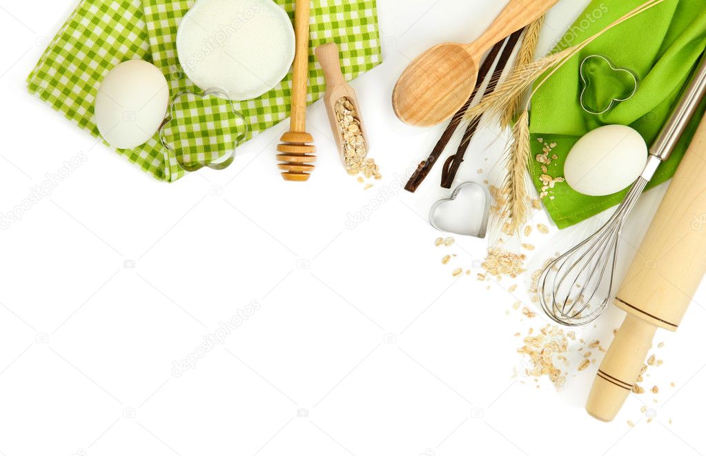 Cooking concept. Basic baking ingredients and kitchen tools isolated on white