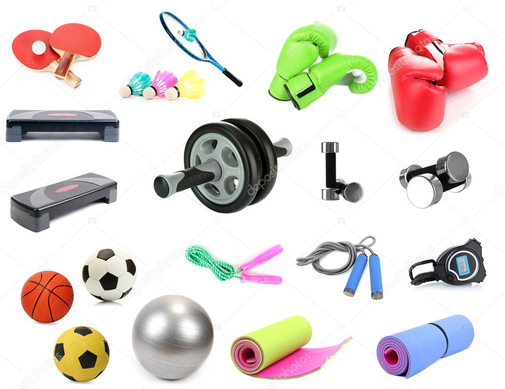 Sports equipment collage isolated on white