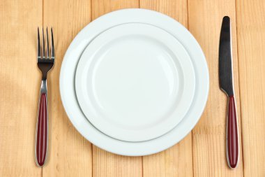 bıçak, renkli plaka ve ahşap zemin üzerine çatal