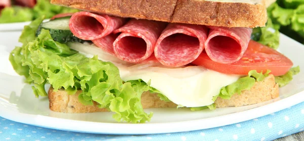 Composition with fruit juice and tasty sandwich with salami sausage and vegetables on color napkin, on wooden table background — Stock Photo, Image