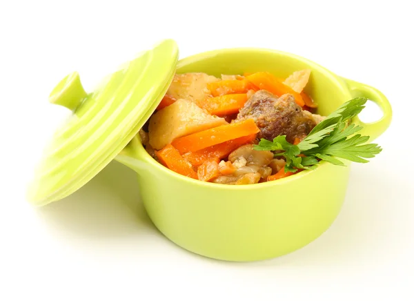 Homemade beef stir fry with vegetables in color pan, isolated on white — Stock Photo, Image